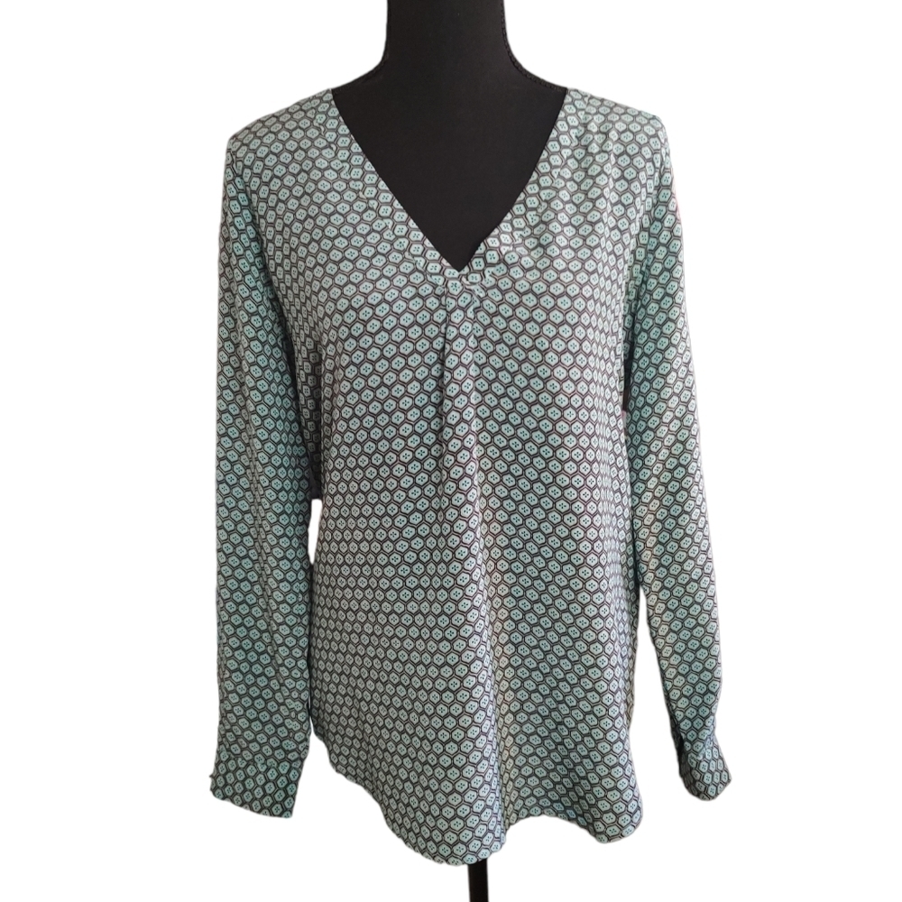 JOIE 100% Silk Long Sleeve V-Neck Blouse in Turquoise, Grey & Black Sz.XS